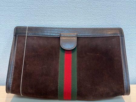 Gucci Brown Suede Clutch with Green and Red Stripe, Medium Size Hot on Sale