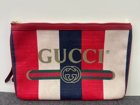 Gucci Canvas Leather Clutch Red, White, Blue Stripes 8 x11  Zipper Closure Clutch Bag Sale