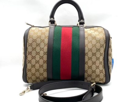 Gucci GG Supreme Canvas Beige Brown Two-Way Boston Bag with Red and Green Web Stripe For Cheap