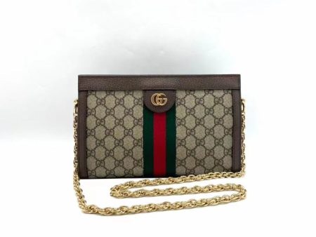 Gucci GG Supreme Beige Chain Bag with Red and Green Stripe, Medium Size, Brown Leather Trim on Sale