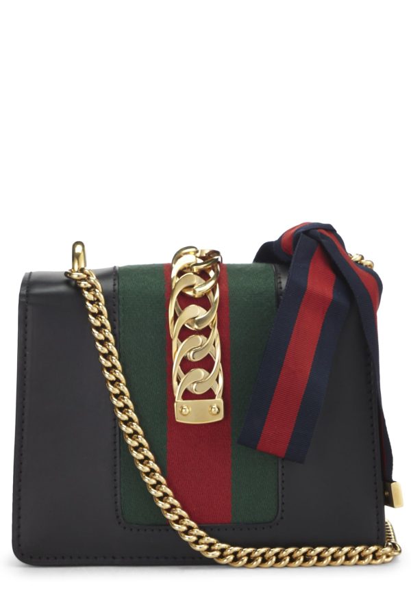 Gucci,  Black Leather Web Sylvie Chain Bag Mini, Black Fashion