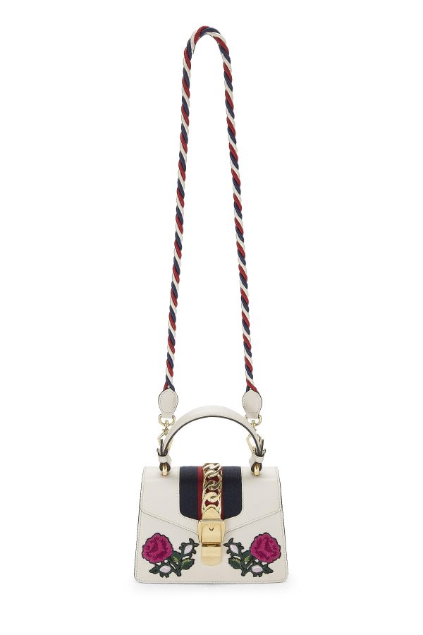 Gucci,  White Embroidered Leather Web Sylvie Mini, White Hot on Sale