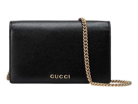 (WMNS) Gucci Chain Wallet With Gucci Script  Black Leather  772643-0OP0N-1000 For Discount