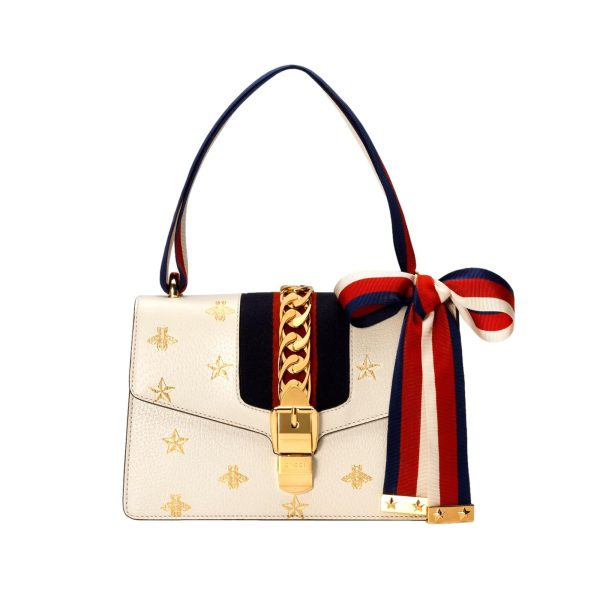 Gucci Sylvie Bee Star Ivory Leather Shoulder Bag Hot on Sale