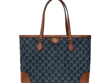 Gucci Ophidia GG Denim Leather Trim Medium Shopping Tote Sale