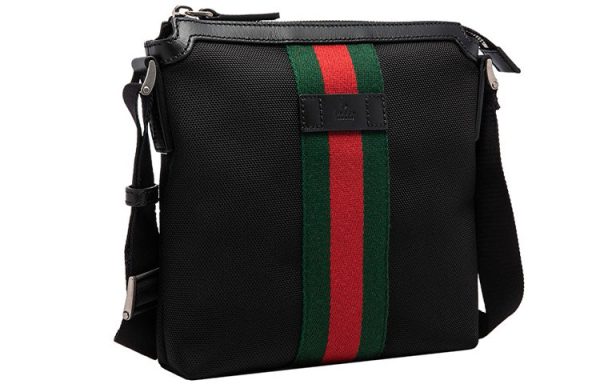 Men s Gucci Red Green Stripe Webbing Leather Logo Canvas Shoulder Messenger Bag Black 631195-KWT7N-1060 For Cheap