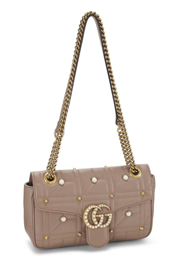 Gucci,  Beige Leather & Faux Pearl GG Marmont Shoulder Bag Small, Beige For Cheap