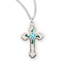 White Enameled Sterling Silver Cross Pendant Necklace With Hand Painted Blue Flowers For Discount